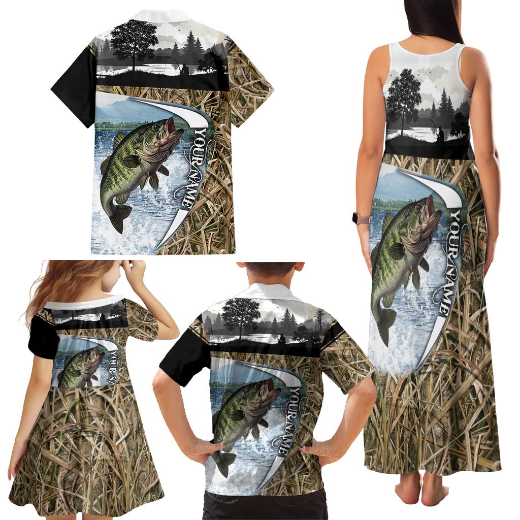 Personalized Largemouth Bass Fishing Family Matching Tank Maxi Dress and Hawaiian Shirt with Camo Reeds - Outdoor Angler Design - Wonder Print Shop