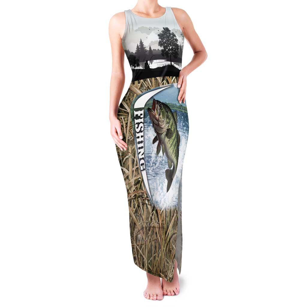 Personalized Largemouth Bass Fishing Family Matching Tank Maxi Dress and Hawaiian Shirt with Camo Reeds - Outdoor Angler Design - Wonder Print Shop