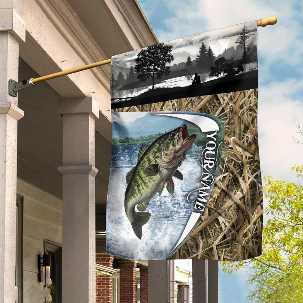 Personalized Largemouth Bass Fishing Garden Flag with Camo Reeds - Outdoor Angler Design - Wonder Print Shop