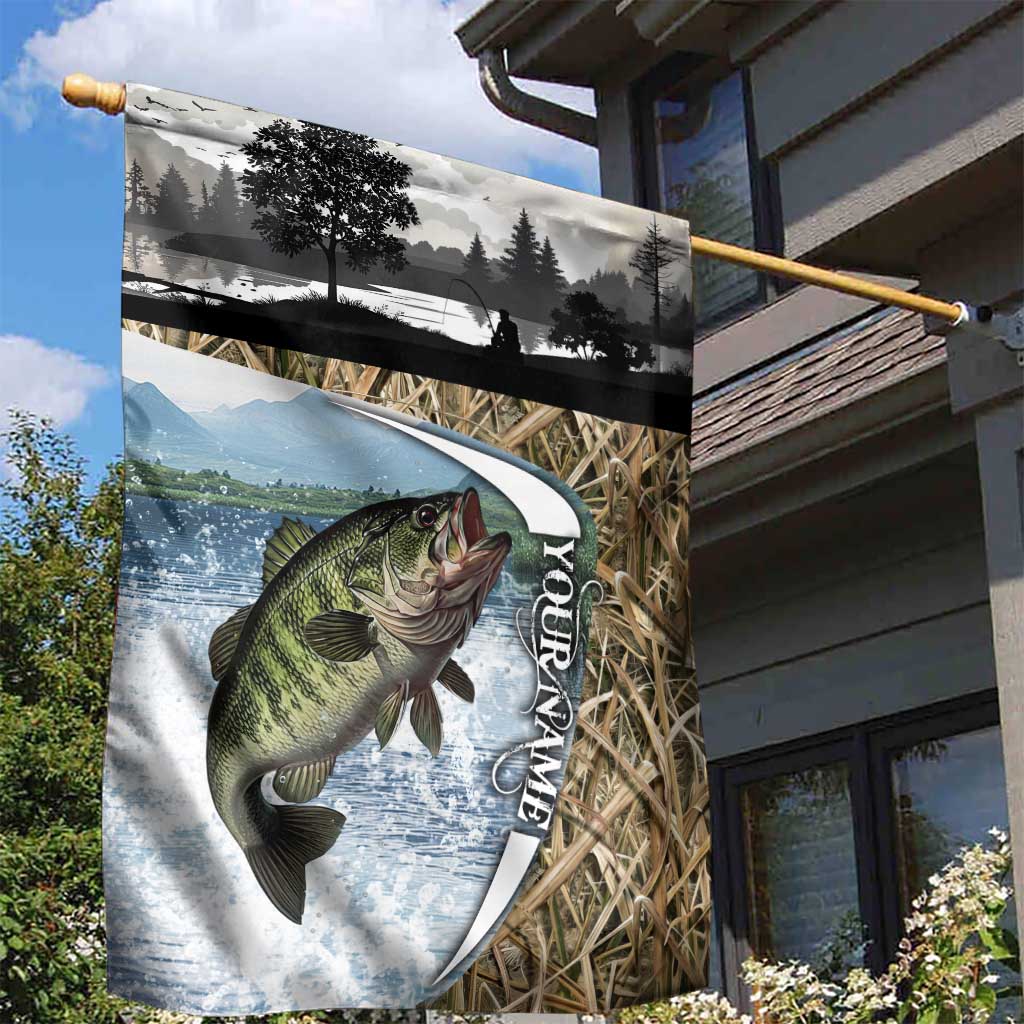 Personalized Largemouth Bass Fishing Garden Flag with Camo Reeds - Outdoor Angler Design - Wonder Print Shop