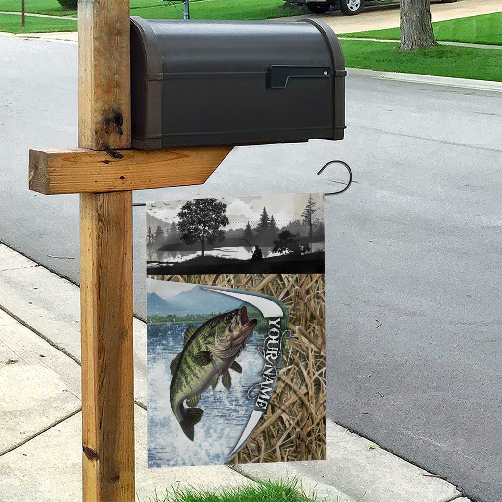 Personalized Largemouth Bass Fishing Garden Flag with Camo Reeds - Outdoor Angler Design - Wonder Print Shop