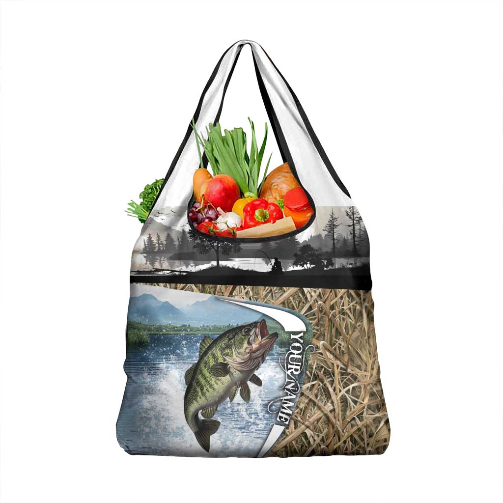 Personalized Largemouth Bass Fishing Grocery Bag with Camo Reeds - Outdoor Angler Design - Wonder Print Shop