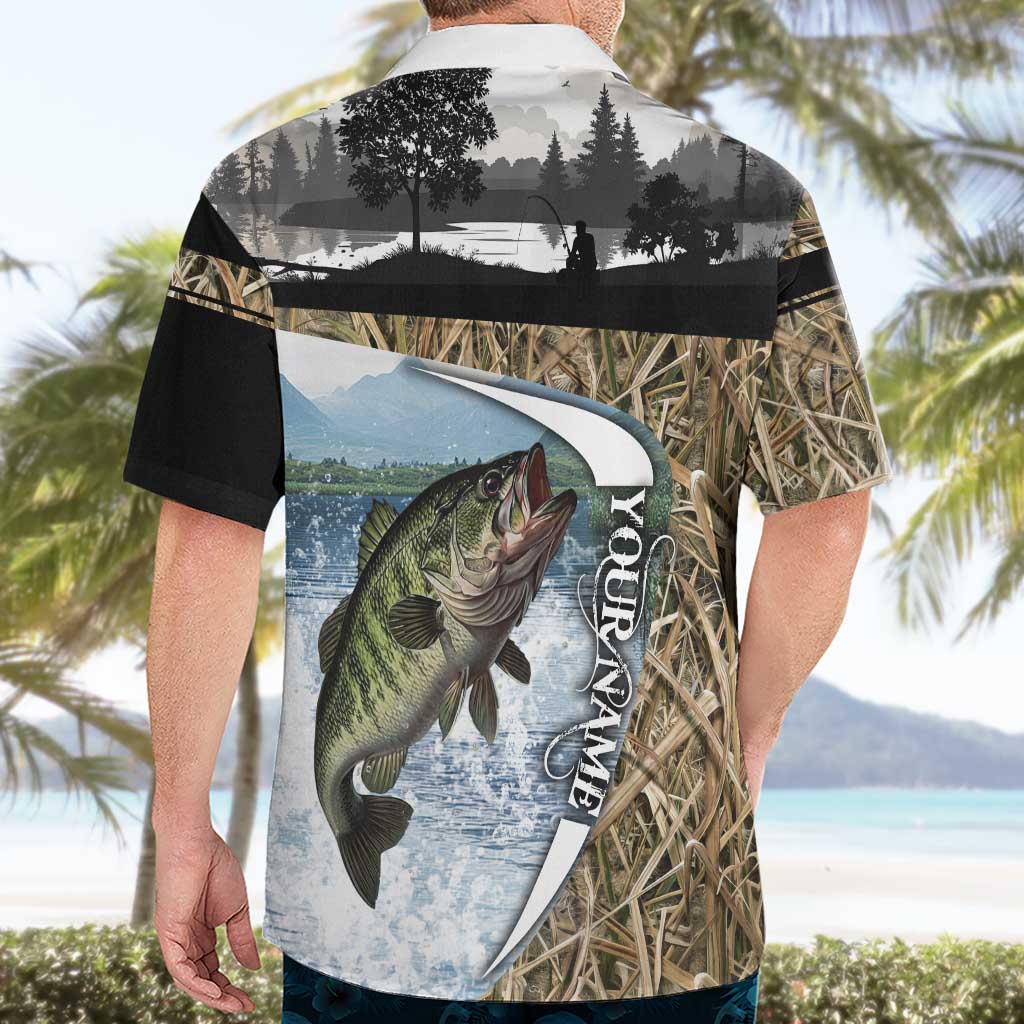 Personalized Largemouth Bass Fishing Hawaiian Shirt with Camo Reeds - Outdoor Angler Design - Wonder Print Shop