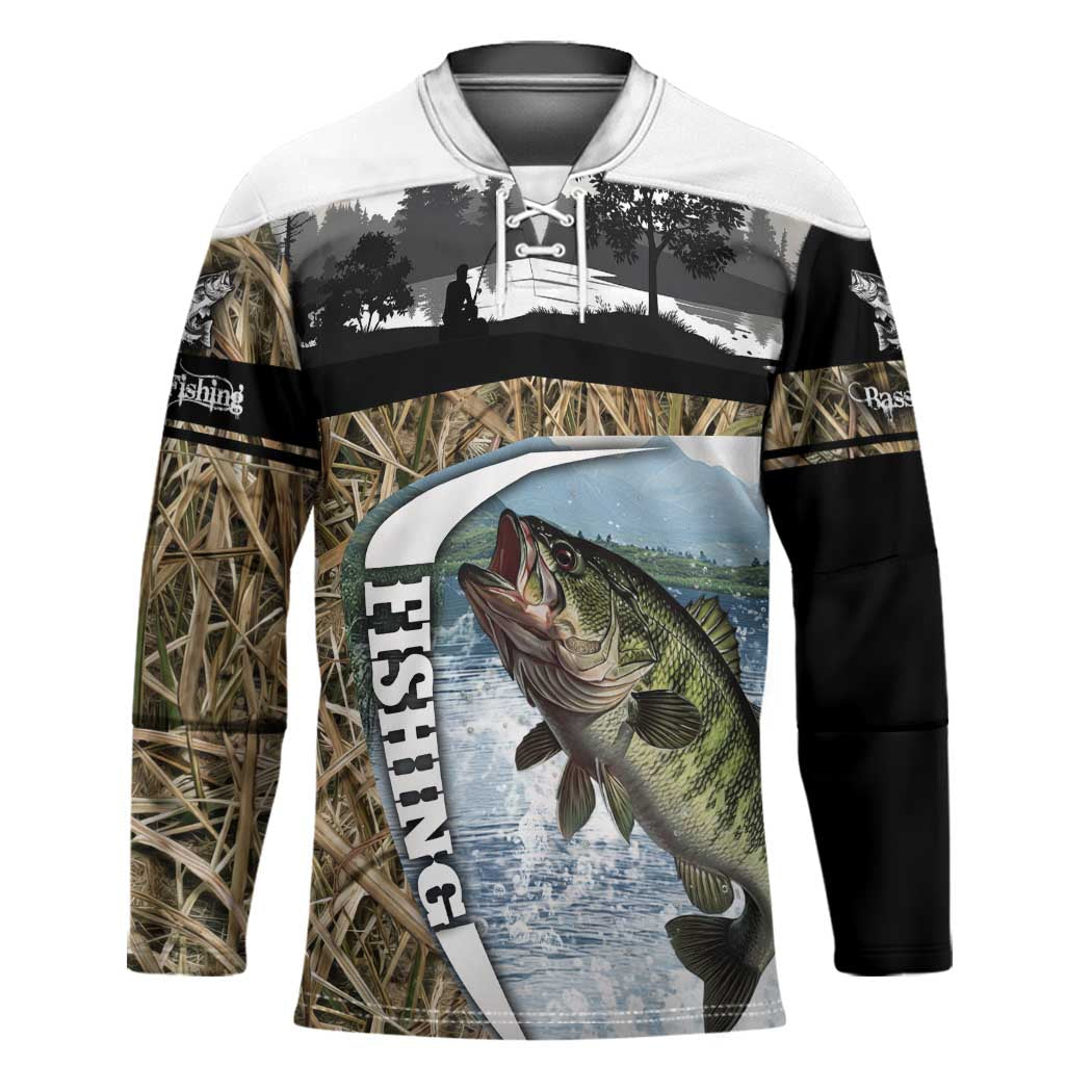 Personalized Largemouth Bass Fishing Hockey Jersey with Camo Reeds - Outdoor Angler Design - Wonder Print Shop