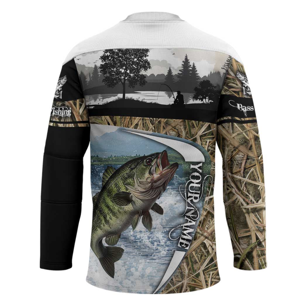 Personalized Largemouth Bass Fishing Hockey Jersey with Camo Reeds - Outdoor Angler Design - Wonder Print Shop