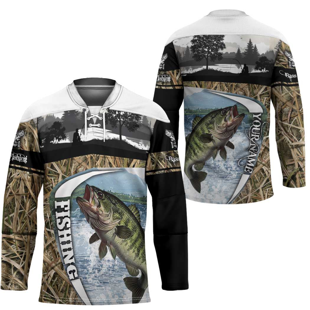 Personalized Largemouth Bass Fishing Hockey Jersey with Camo Reeds - Outdoor Angler Design - Wonder Print Shop