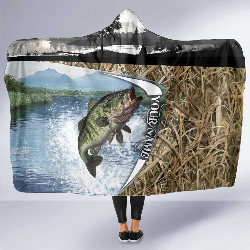 Personalized Largemouth Bass Fishing Hooded Blanket with Camo Reeds - Outdoor Angler Design - Wonder Print Shop