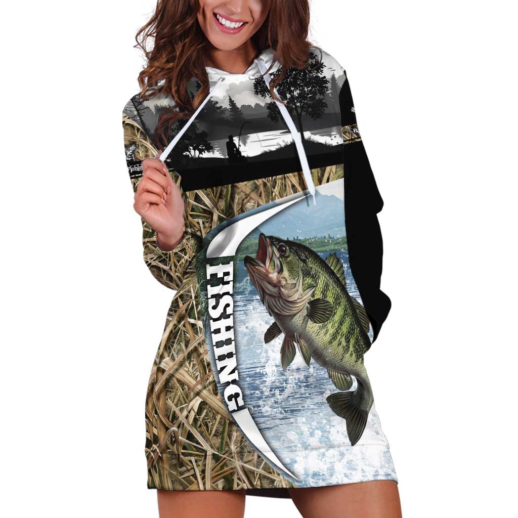 Personalized Largemouth Bass Fishing Hoodie Dress with Camo Reeds - Outdoor Angler Design - Wonder Print Shop
