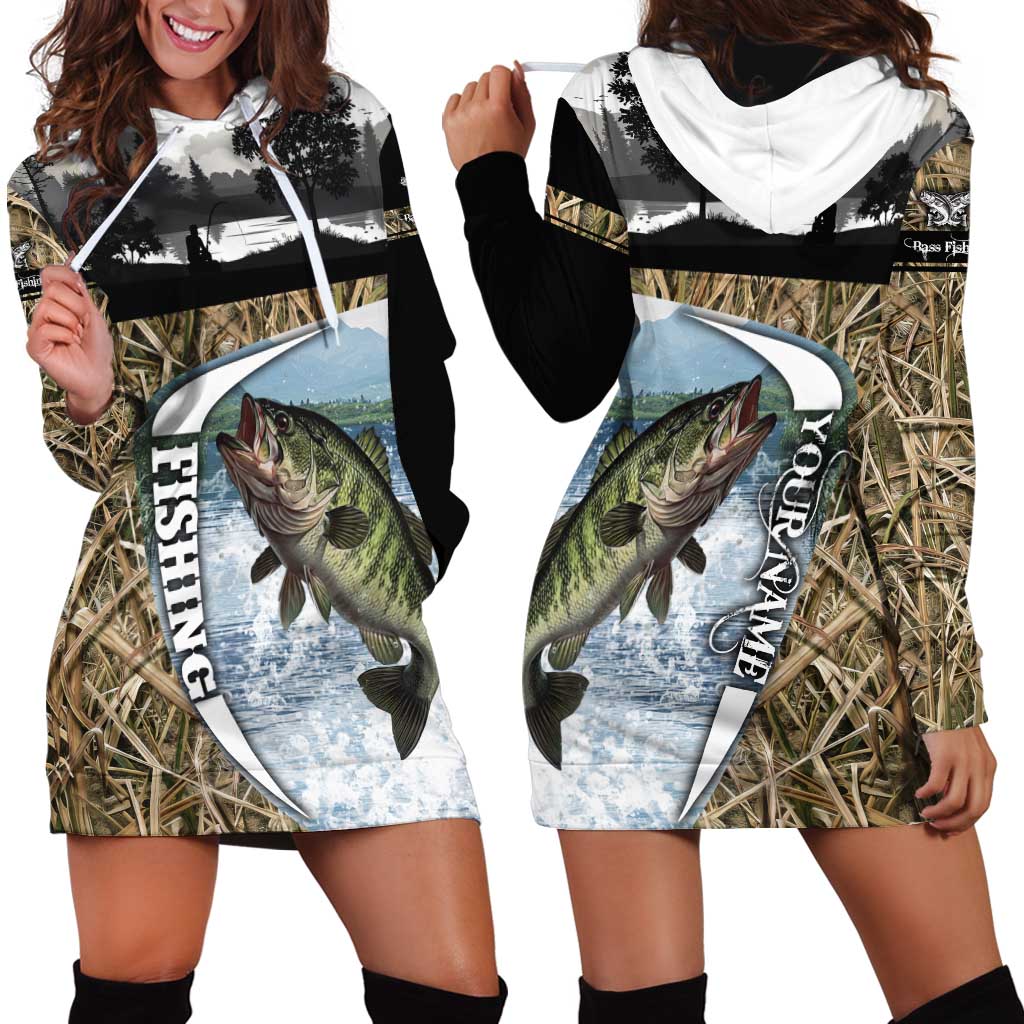Personalized Largemouth Bass Fishing Hoodie Dress with Camo Reeds - Outdoor Angler Design - Wonder Print Shop