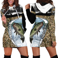Personalized Largemouth Bass Fishing Hoodie Dress with Camo Reeds - Outdoor Angler Design - Wonder Print Shop
