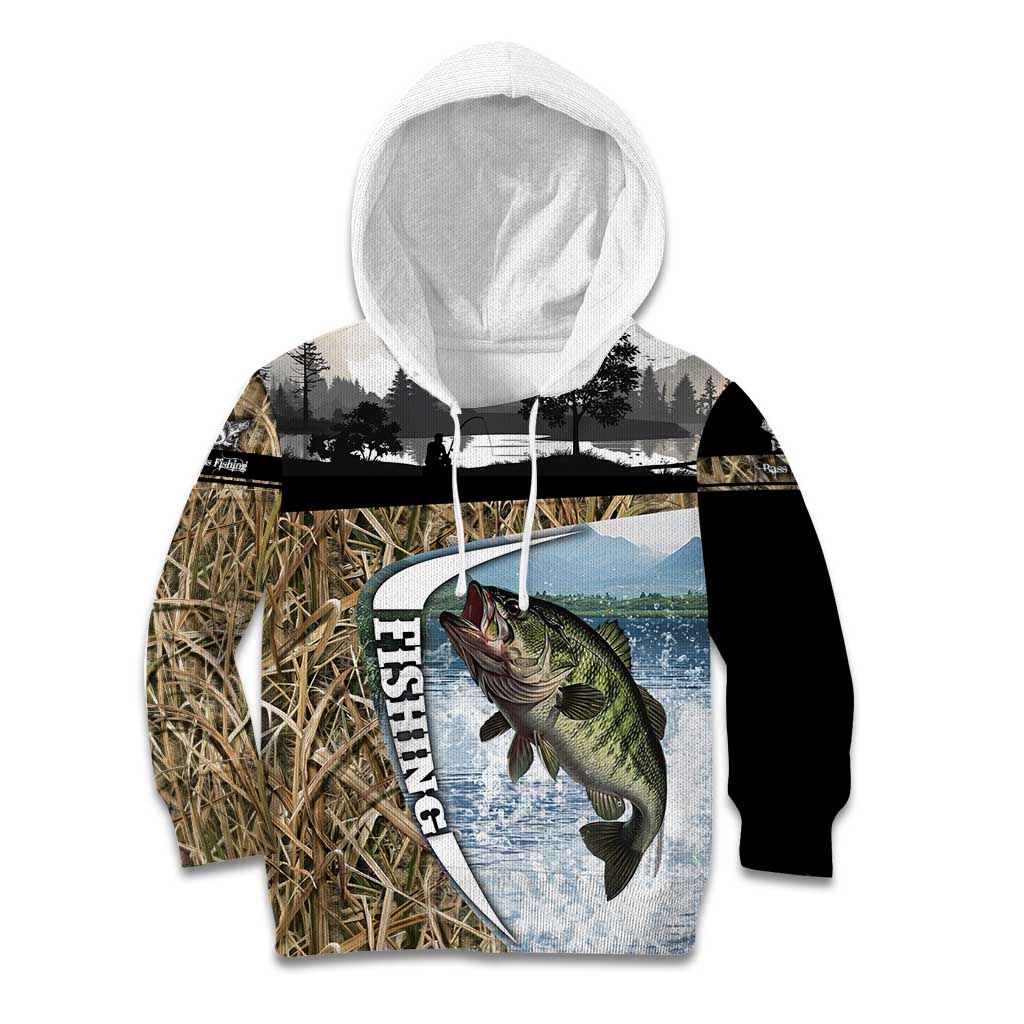 Personalized Largemouth Bass Fishing Kid Hoodie with Camo Reeds - Outdoor Angler Design - Wonder Print Shop