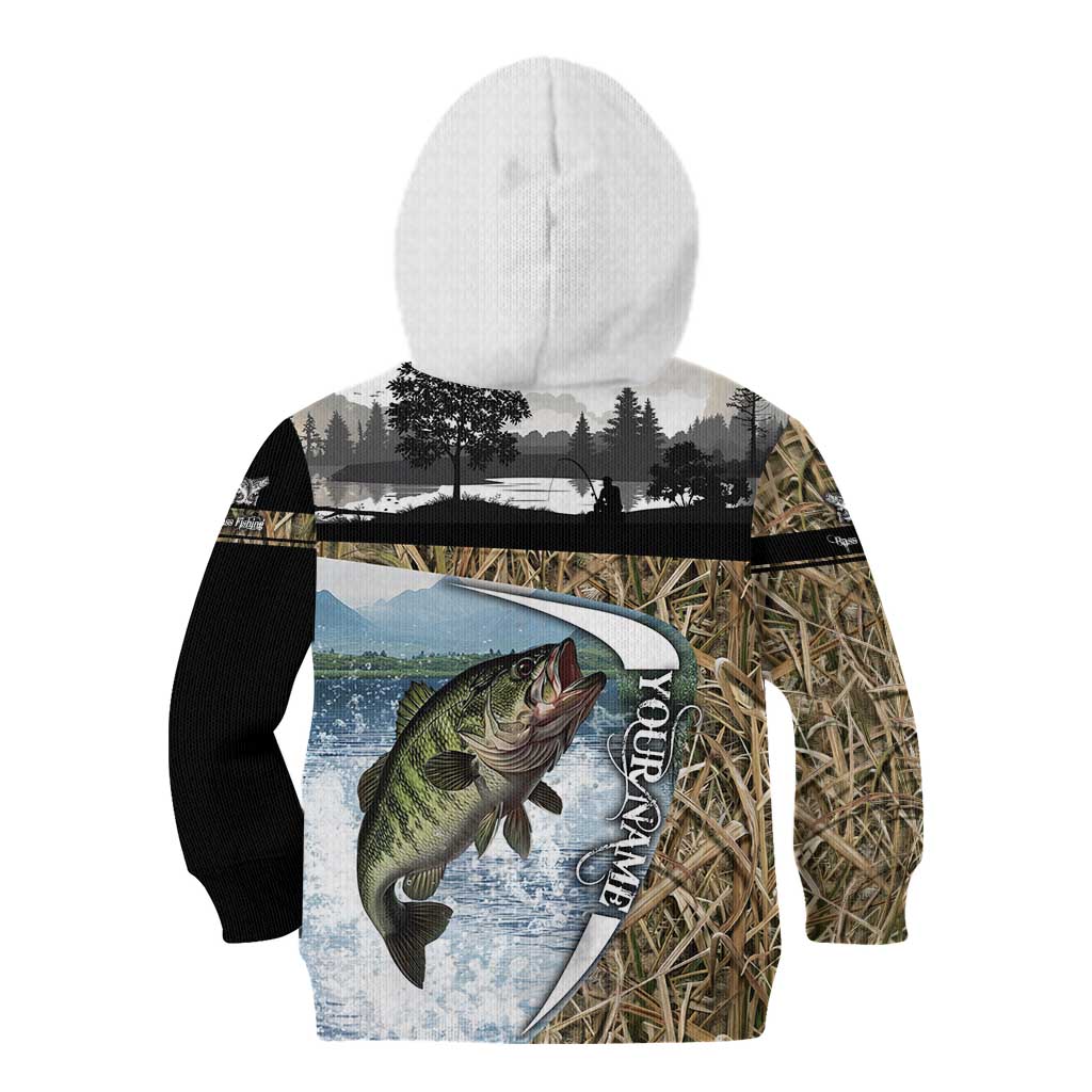 Personalized Largemouth Bass Fishing Kid Hoodie with Camo Reeds - Outdoor Angler Design - Wonder Print Shop