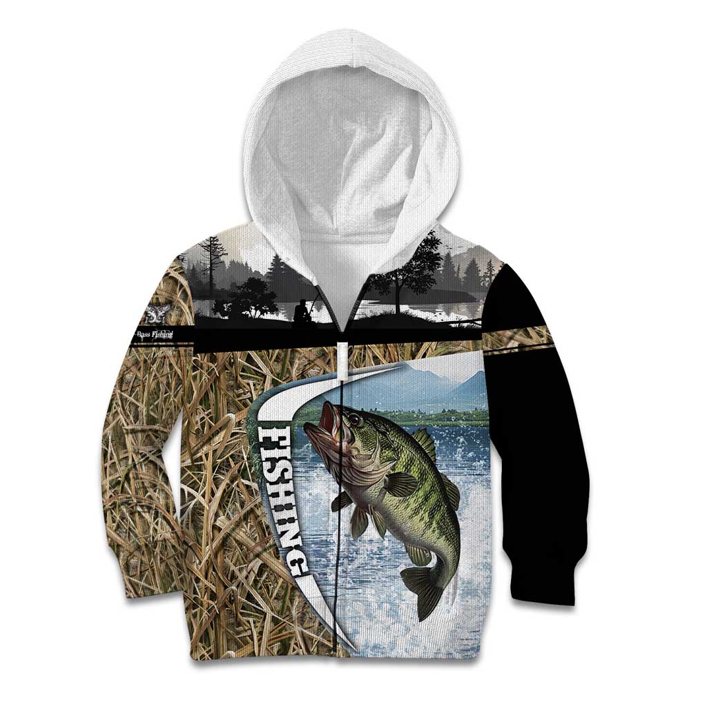 Personalized Largemouth Bass Fishing Kid Hoodie with Camo Reeds - Outdoor Angler Design - Wonder Print Shop