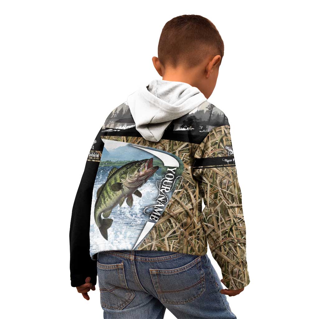 Personalized Largemouth Bass Fishing Kid Hoodie with Camo Reeds - Outdoor Angler Design - Wonder Print Shop