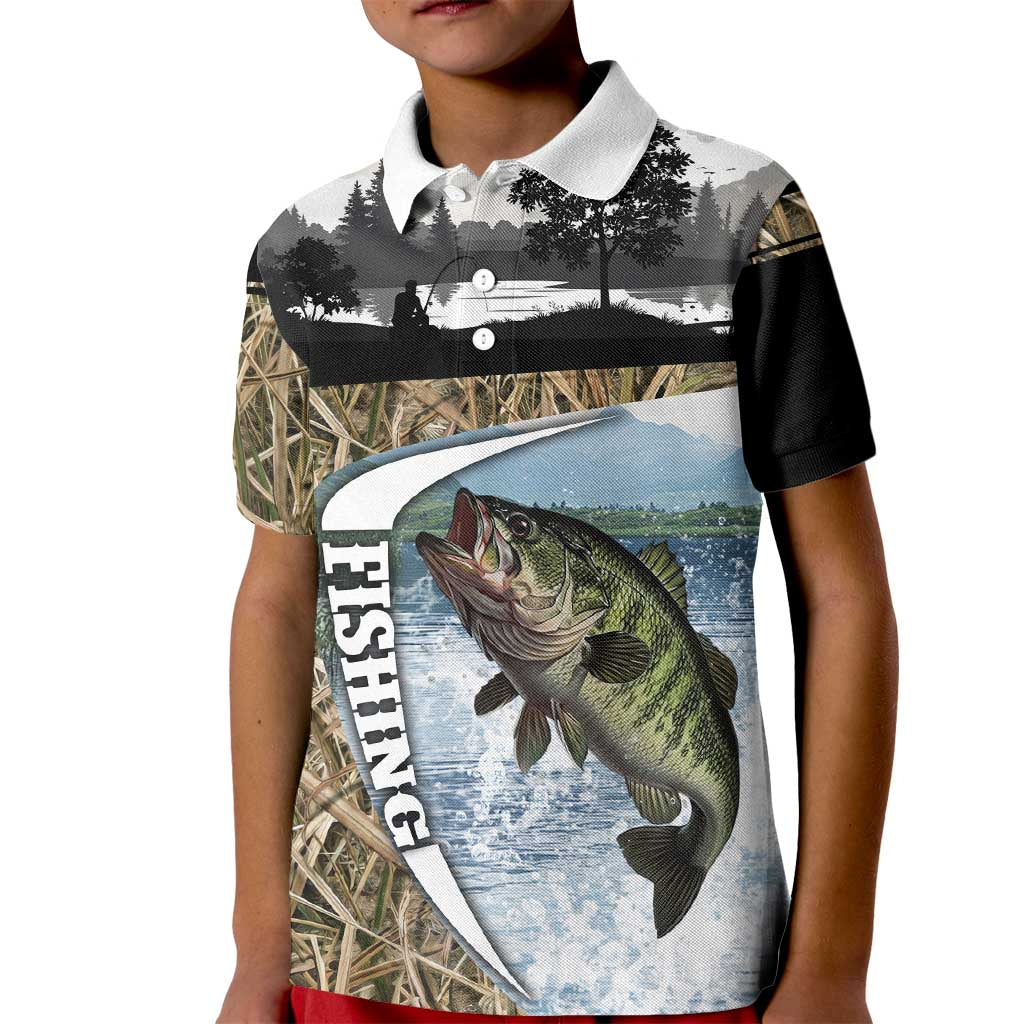 Personalized Largemouth Bass Fishing Kid Polo Shirt with Camo Reeds - Outdoor Angler Design - Wonder Print Shop