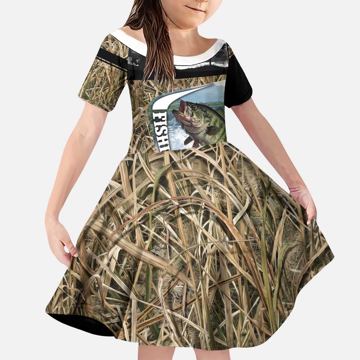 Personalized Largemouth Bass Fishing Kid Short Sleeve Dress with Camo Reeds - Outdoor Angler Design - Wonder Print Shop