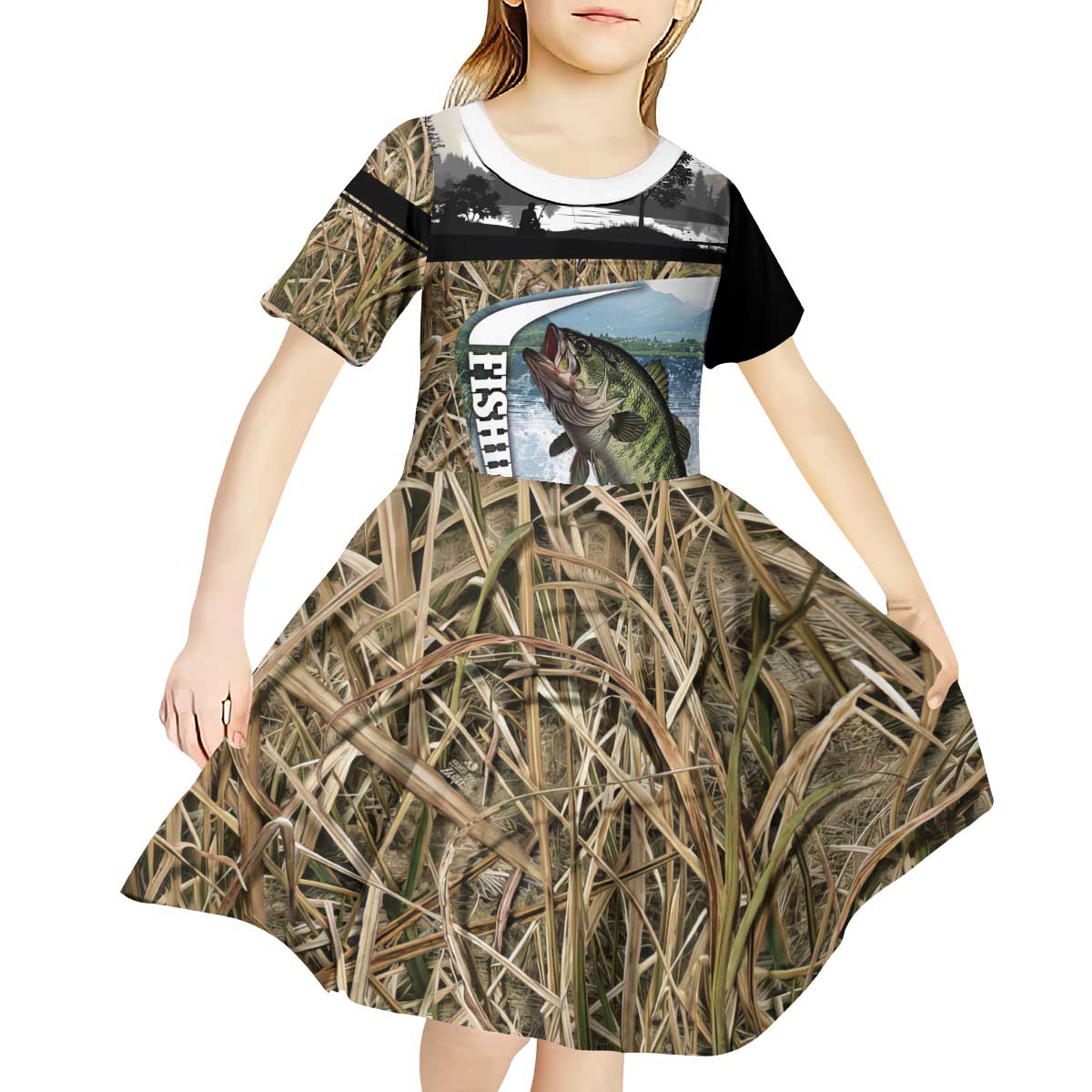 Personalized Largemouth Bass Fishing Kid Short Sleeve Dress with Camo Reeds - Outdoor Angler Design - Wonder Print Shop