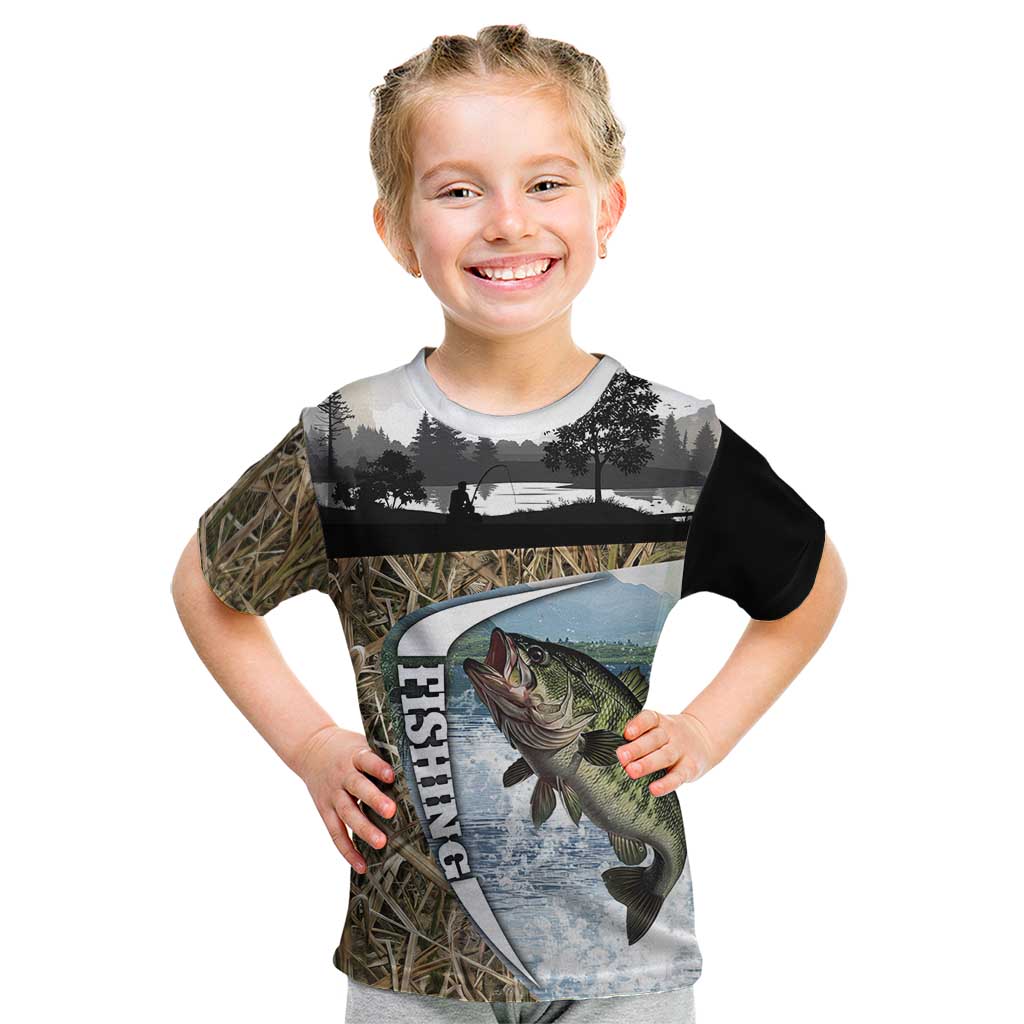 Personalized Largemouth Bass Fishing Kid T Shirt with Camo Reeds - Outdoor Angler Design - Wonder Print Shop