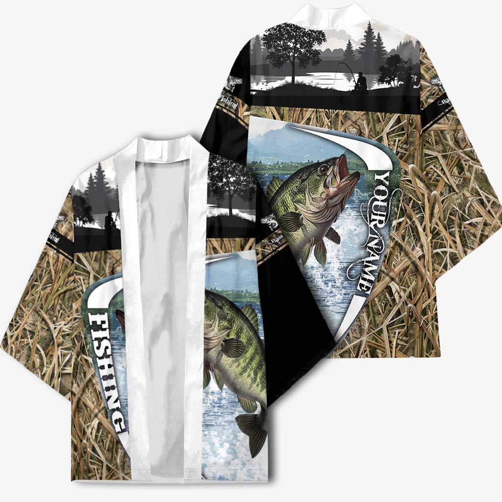 Personalized Largemouth Bass Fishing Kimono with Camo Reeds - Outdoor Angler Design - Wonder Print Shop