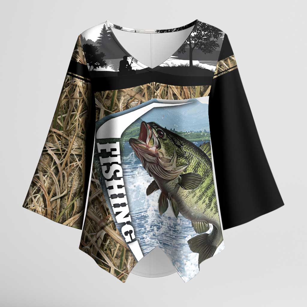 Personalized Largemouth Bass Fishing Kimono Sleeve Blouse with Camo Reeds - Outdoor Angler Design - Wonder Print Shop