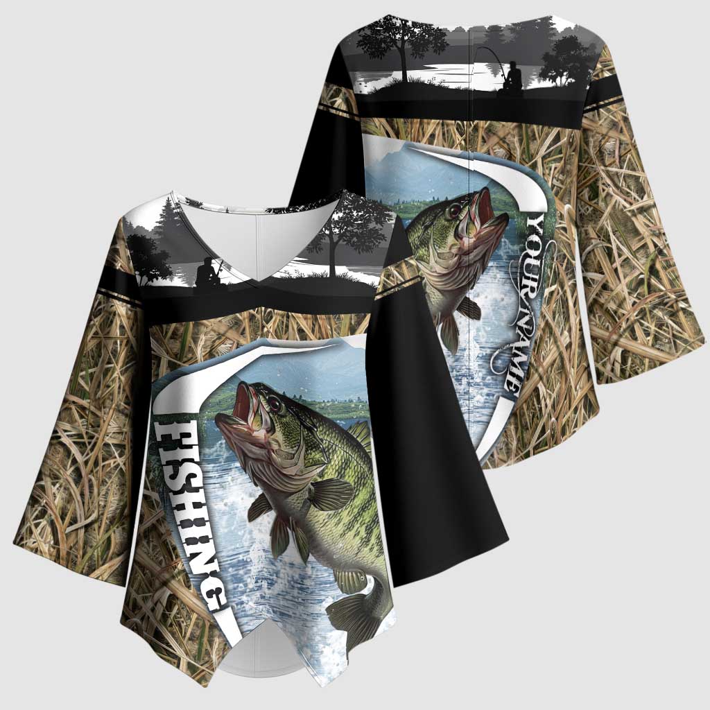 Personalized Largemouth Bass Fishing Kimono Sleeve Blouse with Camo Reeds - Outdoor Angler Design - Wonder Print Shop