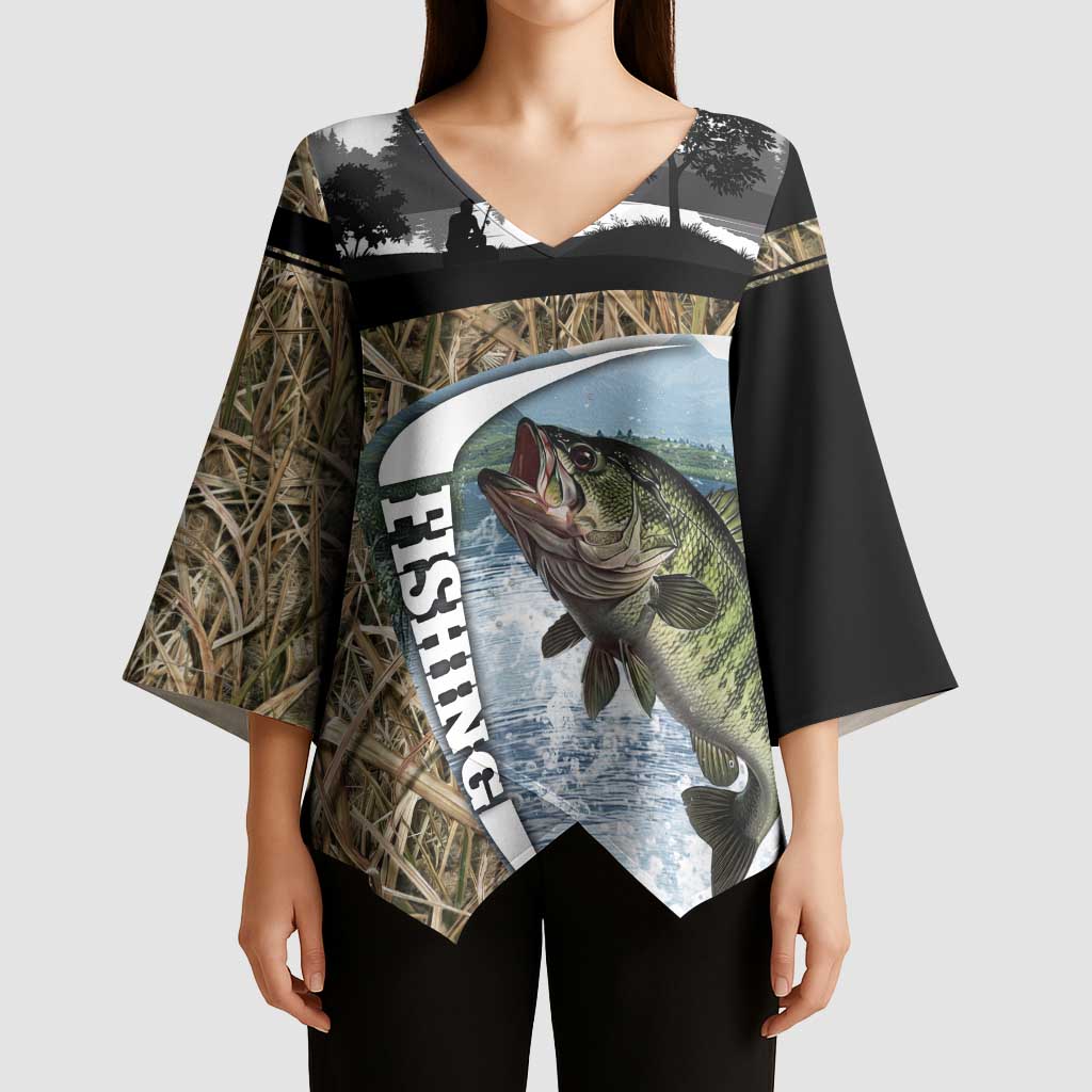 Personalized Largemouth Bass Fishing Kimono Sleeve Blouse with Camo Reeds - Outdoor Angler Design - Wonder Print Shop