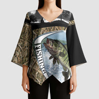 Personalized Largemouth Bass Fishing Kimono Sleeve Blouse with Camo Reeds - Outdoor Angler Design - Wonder Print Shop