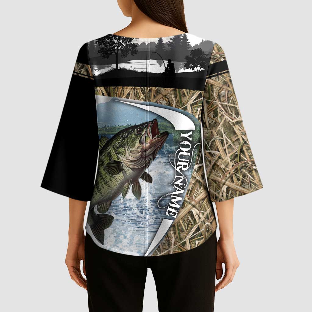 Personalized Largemouth Bass Fishing Kimono Sleeve Blouse with Camo Reeds - Outdoor Angler Design - Wonder Print Shop