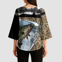 Personalized Largemouth Bass Fishing Kimono Sleeve Blouse with Camo Reeds - Outdoor Angler Design - Wonder Print Shop