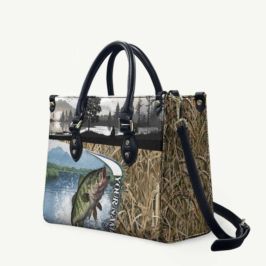 Personalized Largemouth Bass Fishing Leather Bag with Camo Reeds - Outdoor Angler Design - Wonder Print Shop