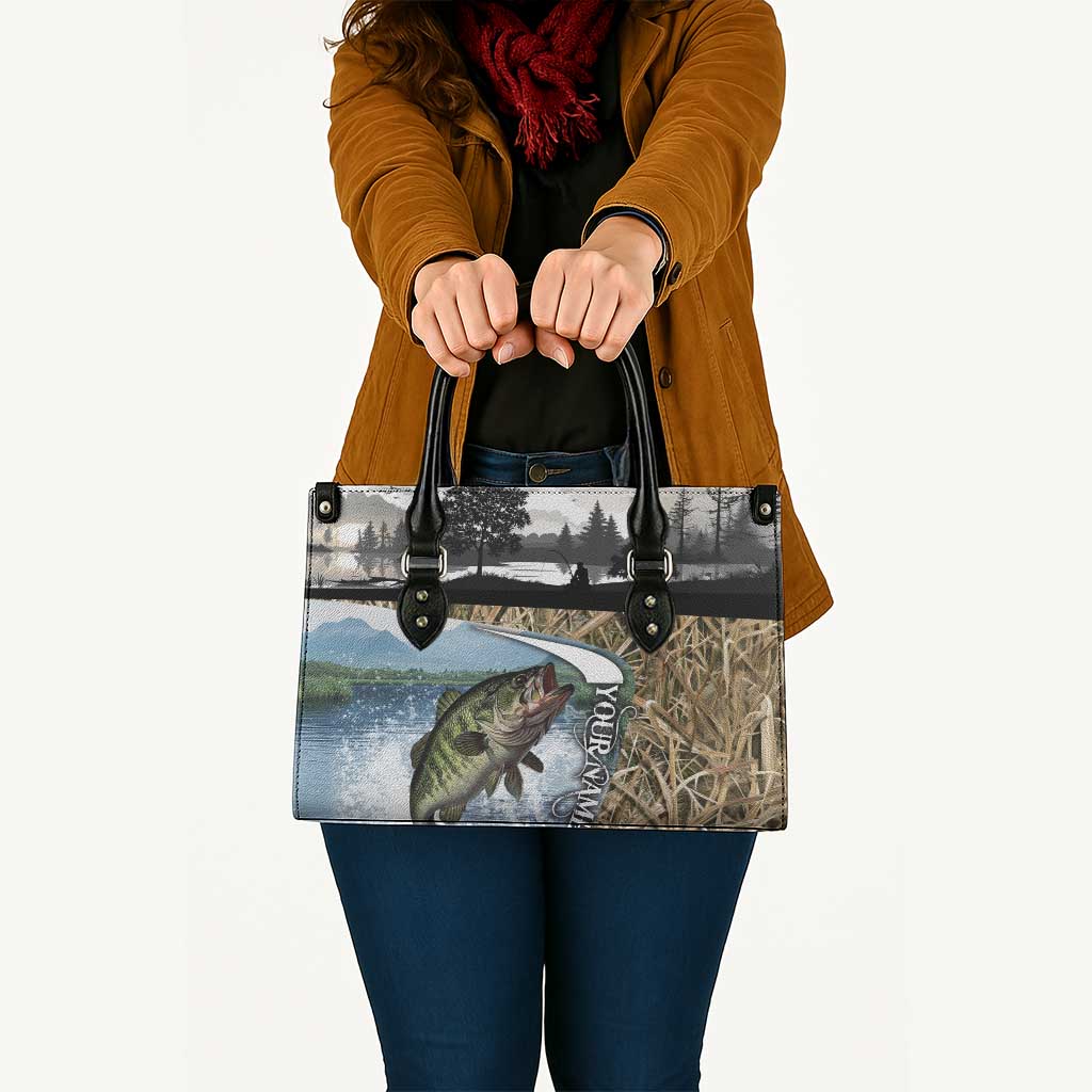 Personalized Largemouth Bass Fishing Leather Bag with Camo Reeds - Outdoor Angler Design - Wonder Print Shop