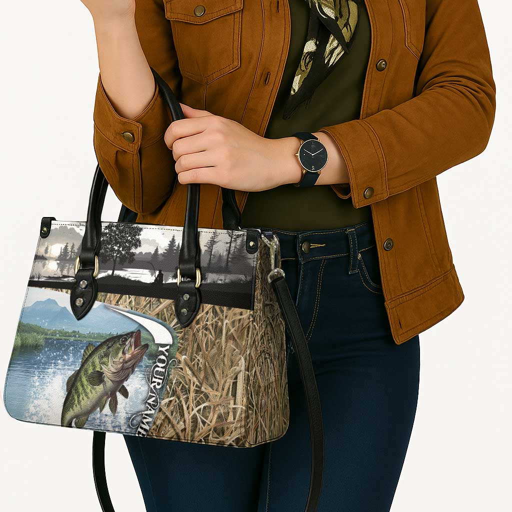 Personalized Largemouth Bass Fishing Leather Bag with Camo Reeds - Outdoor Angler Design - Wonder Print Shop