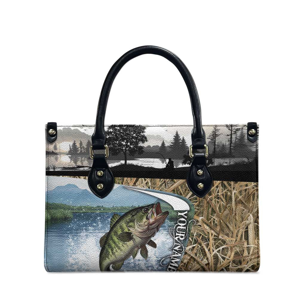 Personalized Largemouth Bass Fishing Leather Bag with Camo Reeds - Outdoor Angler Design - Wonder Print Shop