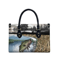 Personalized Largemouth Bass Fishing Leather Bag with Camo Reeds - Outdoor Angler Design - Wonder Print Shop