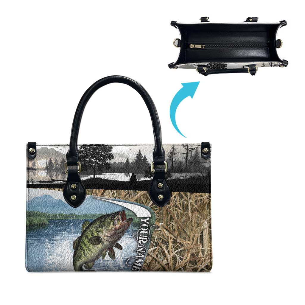 Personalized Largemouth Bass Fishing Leather Bag with Camo Reeds - Outdoor Angler Design - Wonder Print Shop
