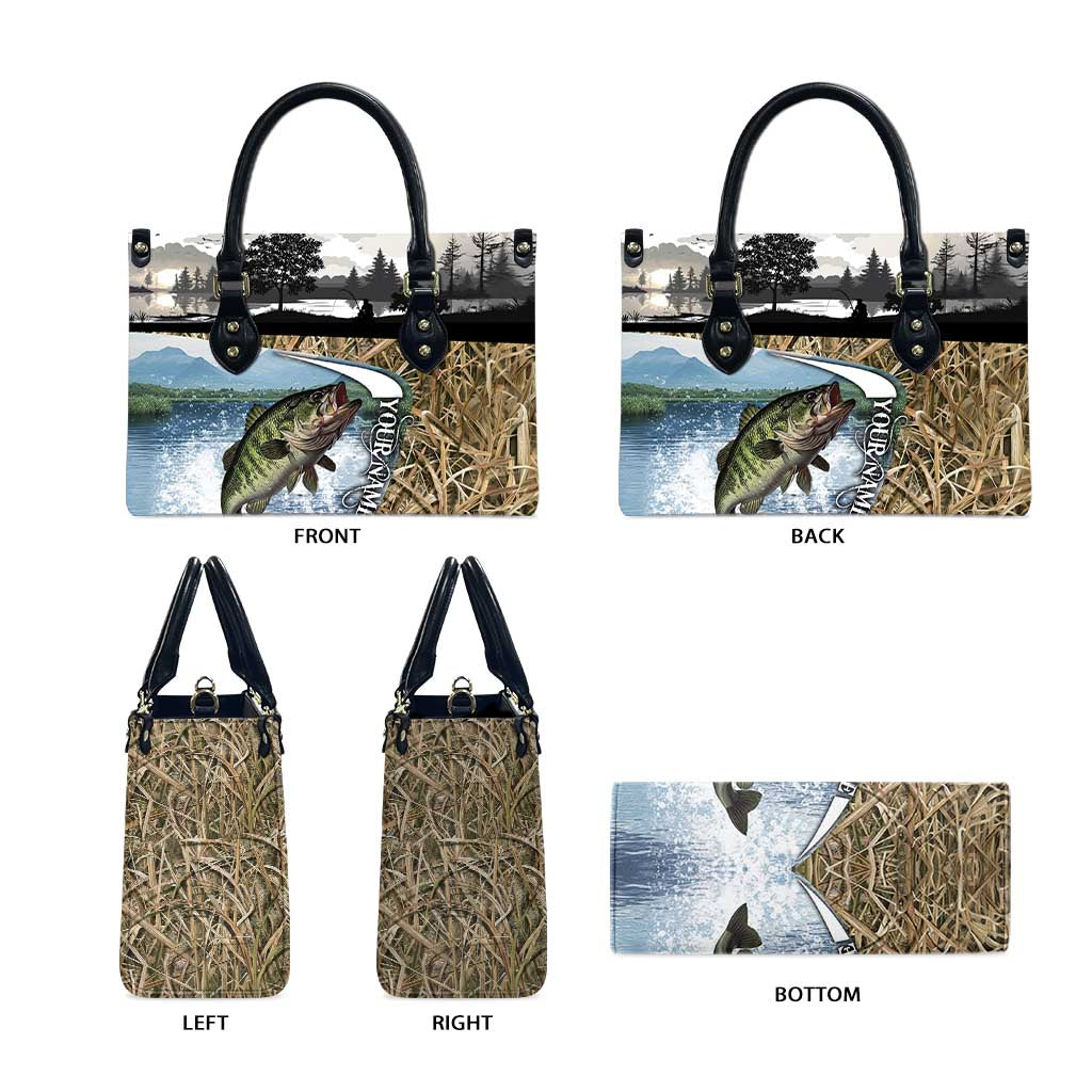 Personalized Largemouth Bass Fishing Leather Bag with Camo Reeds - Outdoor Angler Design - Wonder Print Shop