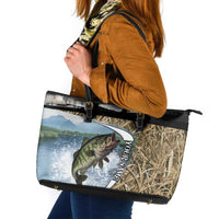 Personalized Largemouth Bass Fishing Leather Tote Bag with Camo Reeds - Outdoor Angler Design - Wonder Print Shop