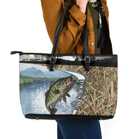 Personalized Largemouth Bass Fishing Leather Tote Bag with Camo Reeds - Outdoor Angler Design - Wonder Print Shop