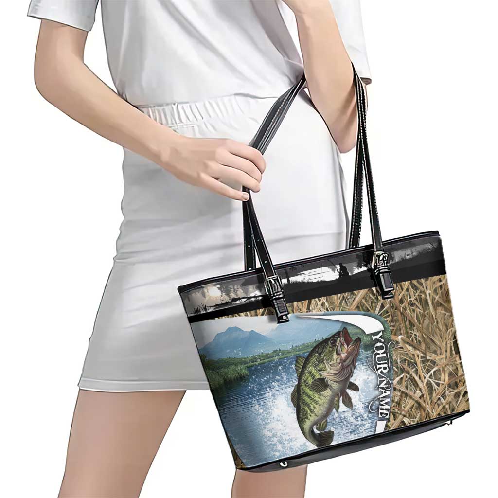 Personalized Largemouth Bass Fishing Leather Tote Bag with Camo Reeds - Outdoor Angler Design - Wonder Print Shop