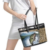 Personalized Largemouth Bass Fishing Leather Tote Bag with Camo Reeds - Outdoor Angler Design - Wonder Print Shop
