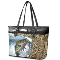 Personalized Largemouth Bass Fishing Leather Tote Bag with Camo Reeds - Outdoor Angler Design - Wonder Print Shop