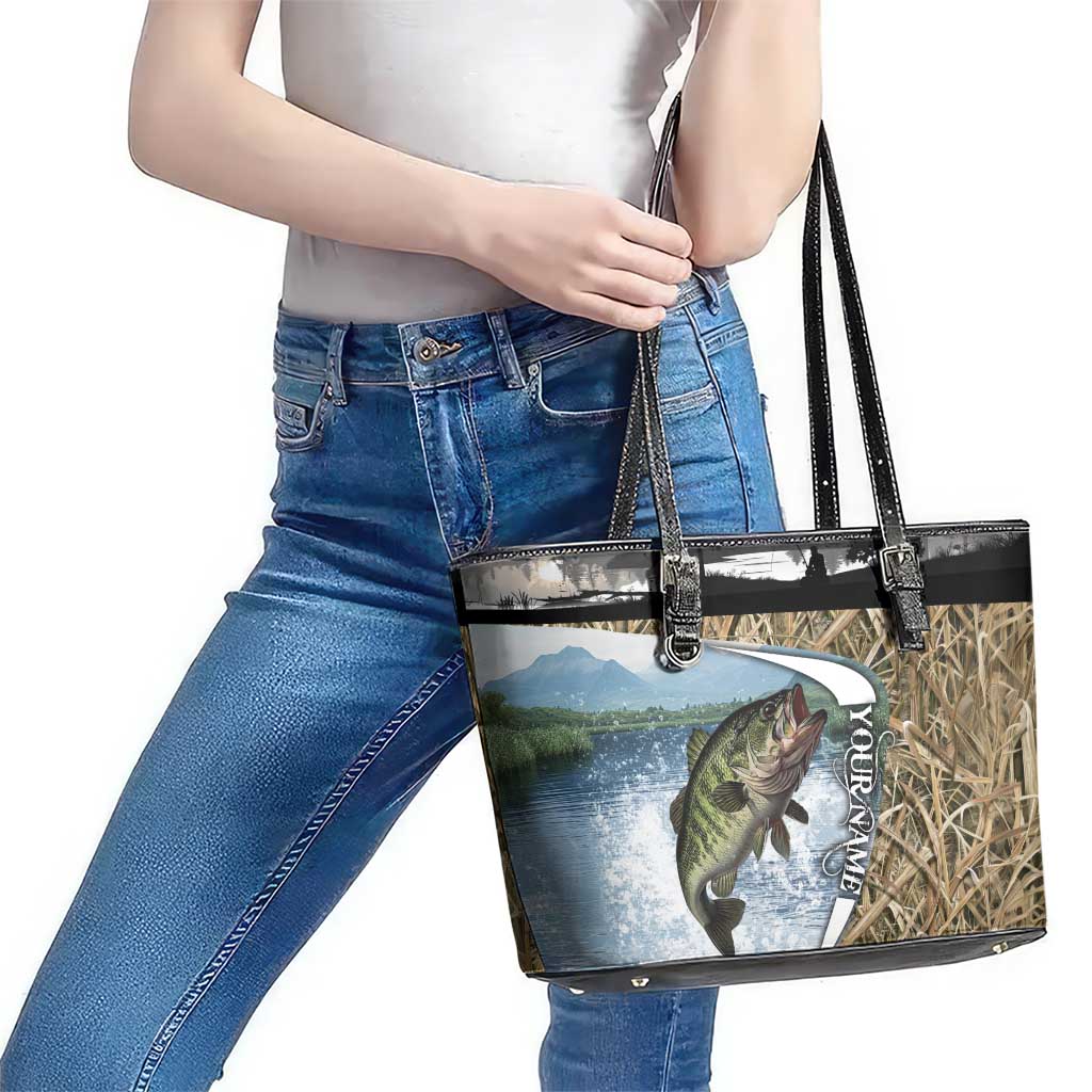Personalized Largemouth Bass Fishing Leather Tote Bag with Camo Reeds - Outdoor Angler Design - Wonder Print Shop