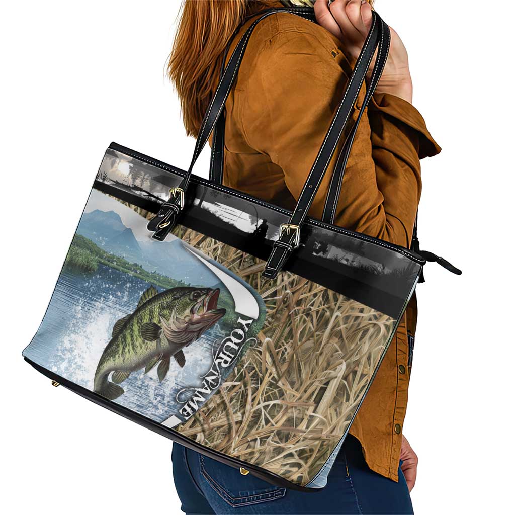 Personalized Largemouth Bass Fishing Leather Tote Bag with Camo Reeds - Outdoor Angler Design - Wonder Print Shop
