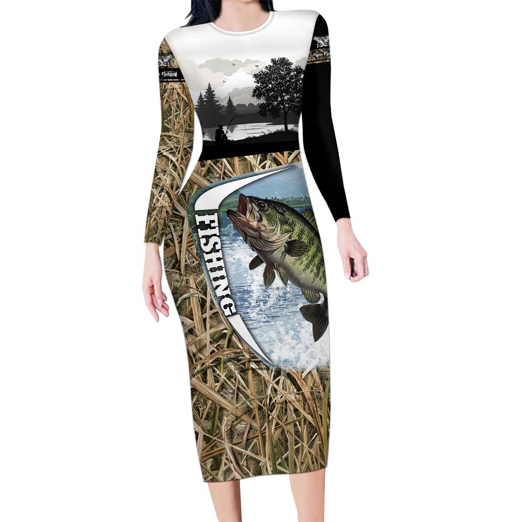 Personalized Largemouth Bass Fishing Long Sleeve Bodycon Dress with Camo Reeds - Outdoor Angler Design - Wonder Print Shop