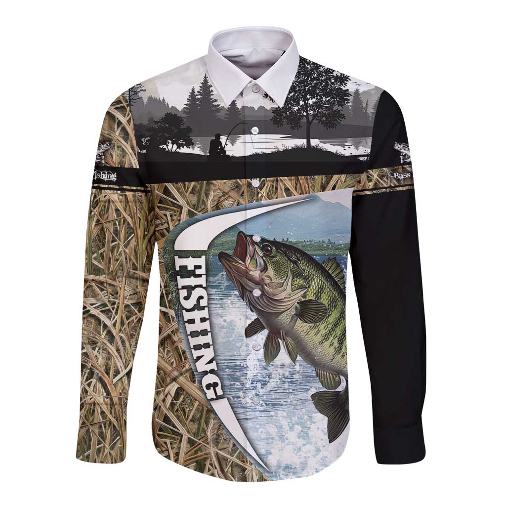 Personalized Largemouth Bass Fishing Long Sleeve Button Shirt with Camo Reeds - Outdoor Angler Design - Wonder Print Shop