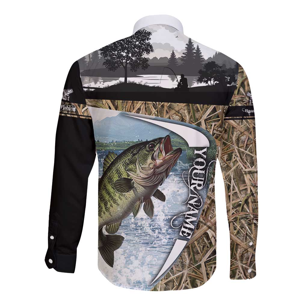 Personalized Largemouth Bass Fishing Long Sleeve Button Shirt with Camo Reeds - Outdoor Angler Design - Wonder Print Shop