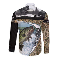 Personalized Largemouth Bass Fishing Long Sleeve Button Shirt with Camo Reeds - Outdoor Angler Design - Wonder Print Shop
