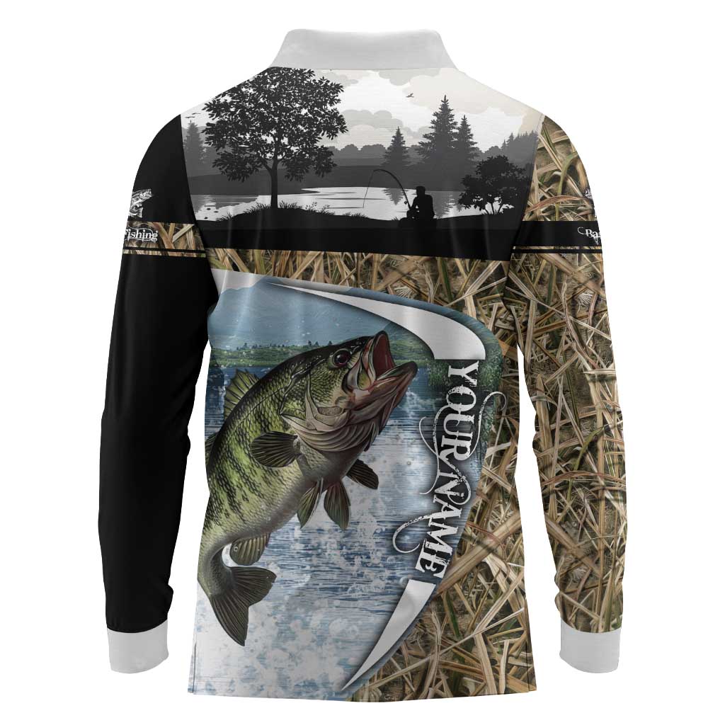 Personalized Largemouth Bass Fishing Long Sleeve Polo Shirt with Camo Reeds - Outdoor Angler Design - Wonder Print Shop