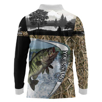 Personalized Largemouth Bass Fishing Long Sleeve Polo Shirt with Camo Reeds - Outdoor Angler Design - Wonder Print Shop