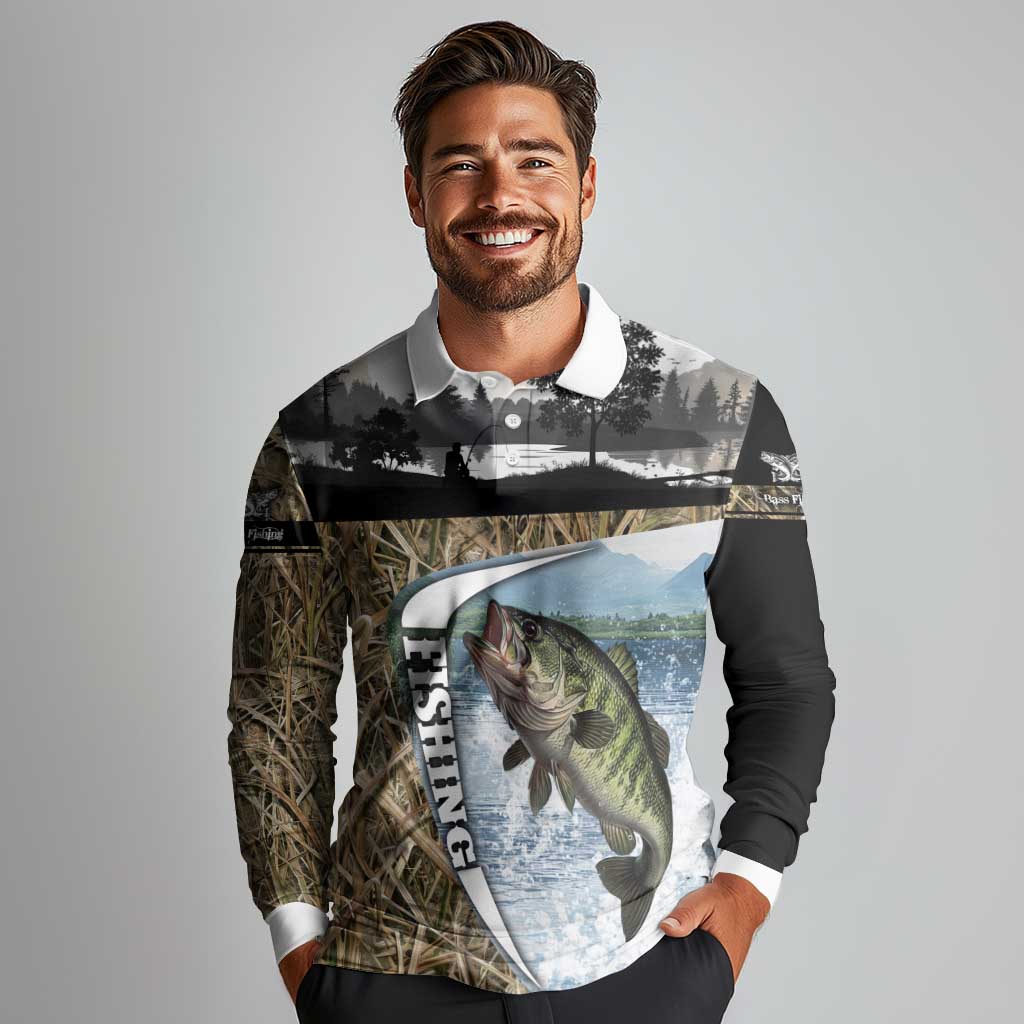 Personalized Largemouth Bass Fishing Long Sleeve Polo Shirt with Camo Reeds - Outdoor Angler Design - Wonder Print Shop